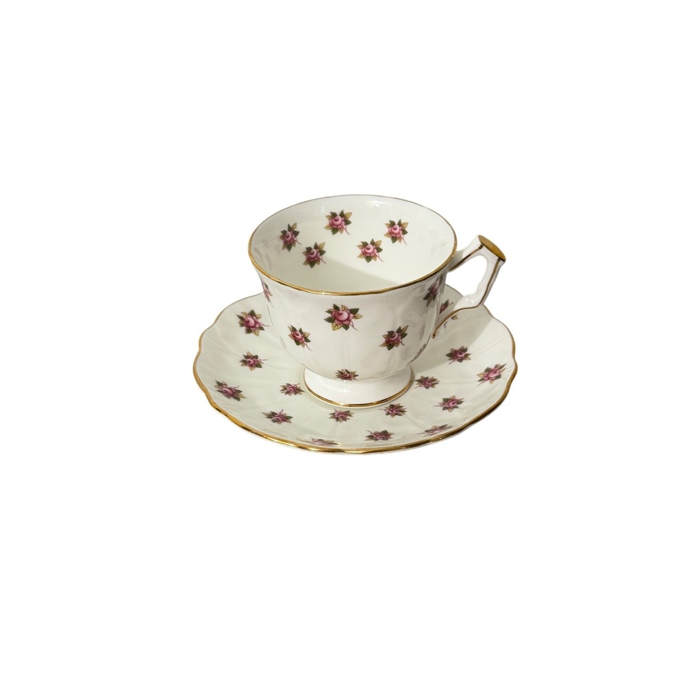 Aynsley Tea Cup and Saucer Set OS White Pink Rosebud Gold Trim Fine Bone China